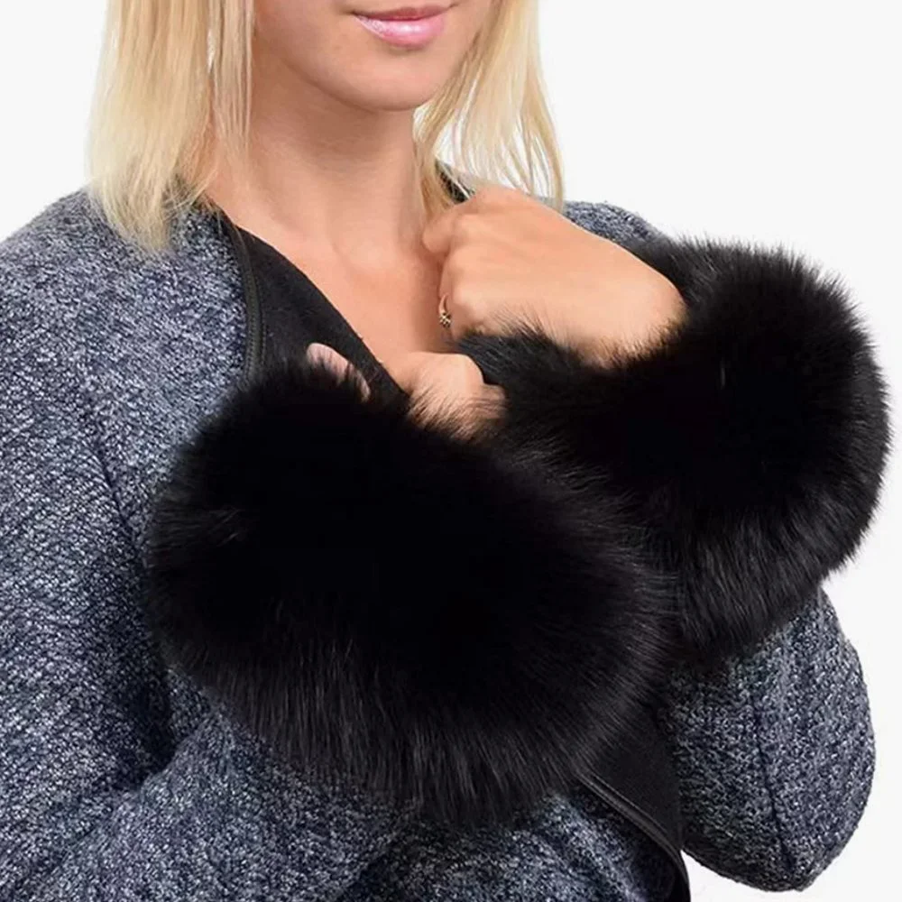 Black Fuzzy Faux Fur Pom Pom Wrist Cuffs Furry Bands Arm Warmers